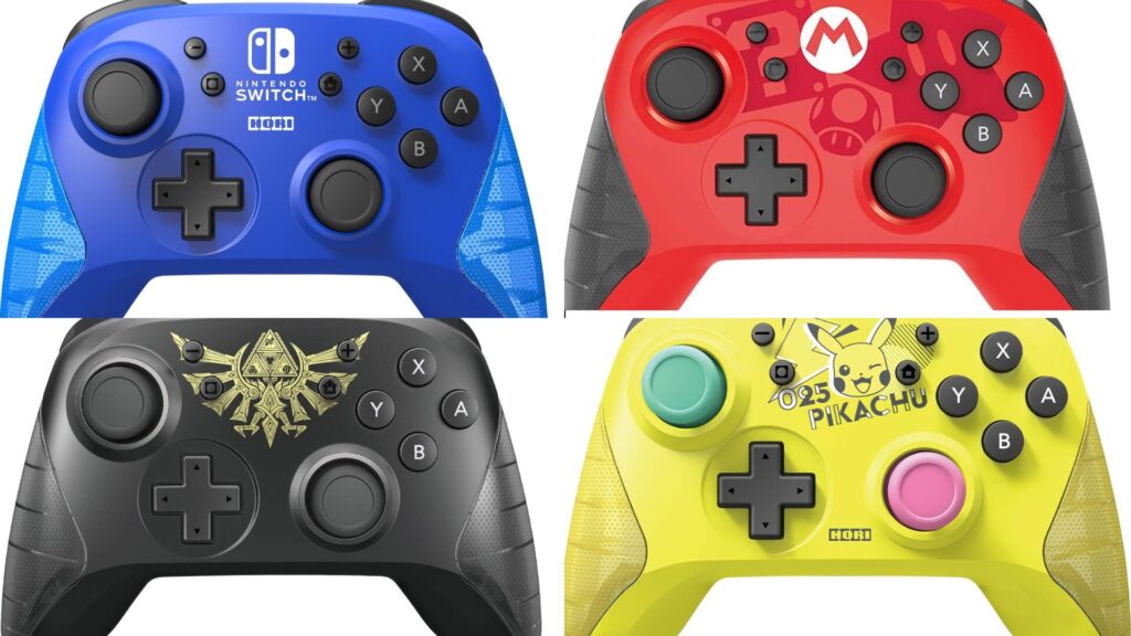 Switch用のおすすめコントローラー4種(ゼルダ、マリオ、ピカチュウ、無地ブルー)デザイン比較画像